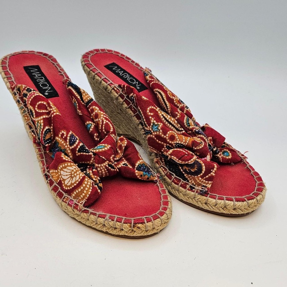 Vintage Markon Red Floral Batik Espadrille Wedge Sandals Womens 8M Cottagecore